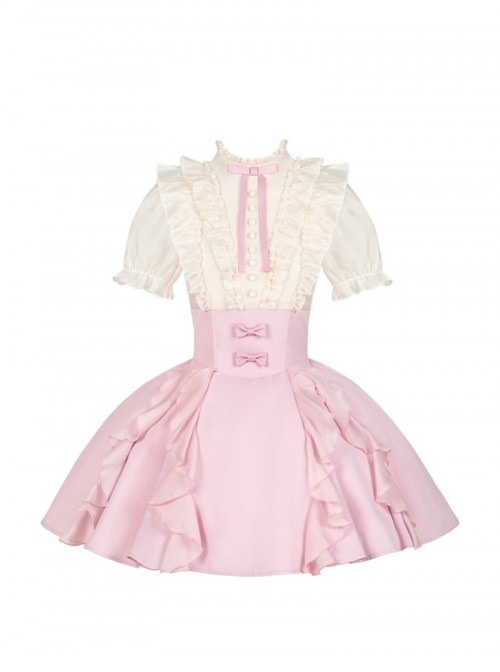 Miss Lola Series Sweet Lolita Princess Style Ruffled Lace Bubble Sleeve Short Pink Sweet Dress