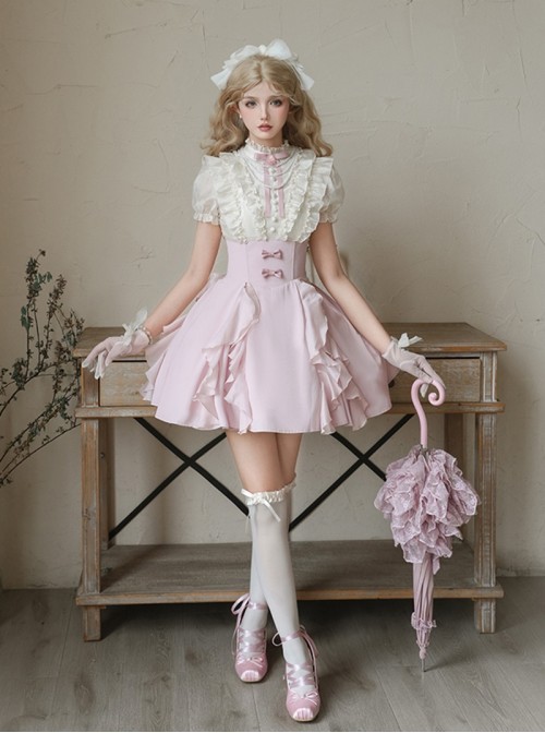Miss Lola Series Sweet Lolita Princess Style Ruffled Lace Bubble Sleeve Short Pink Sweet Dress