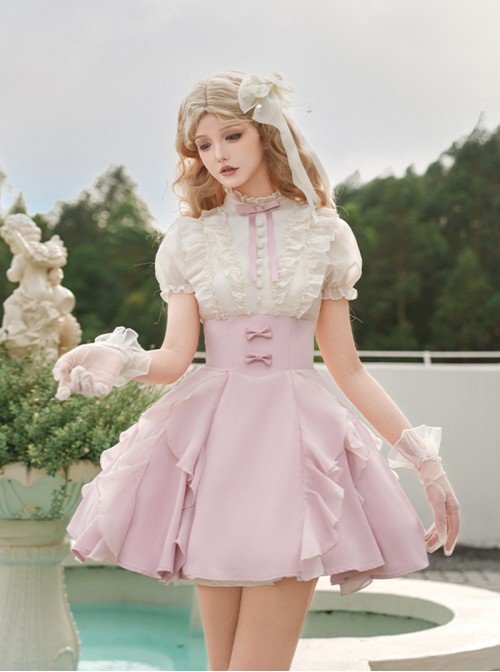 Miss Lola Series Sweet Lolita Princess Style Ruffled Lace Bubble Sleeve Short Pink Sweet Dress