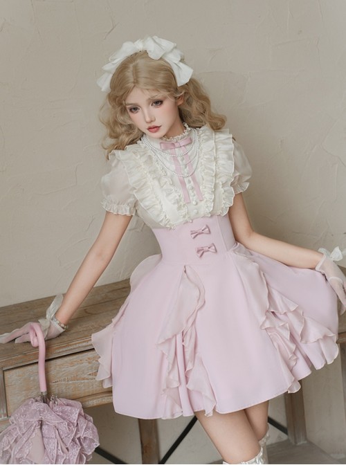 Miss Lola Series Sweet Lolita Princess Style Ruffled Lace Bubble Sleeve Short Pink Sweet Dress