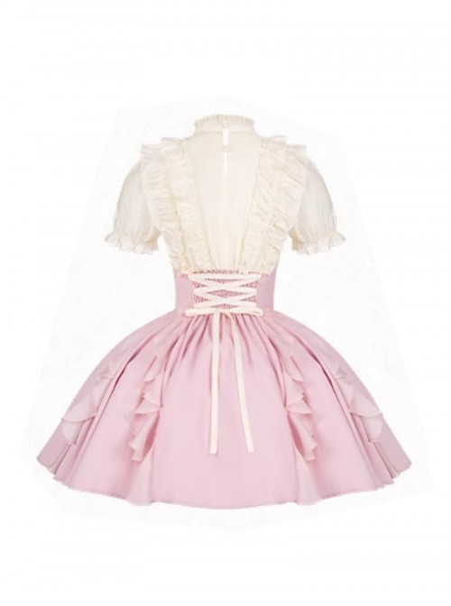 Miss Lola Series Sweet Lolita Princess Style Ruffled Lace Bubble Sleeve Short Pink Sweet Dress