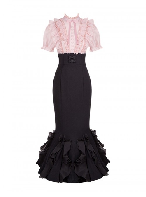 Miss Lola Series Sweet Lolita Elegant Black Pink Contrast Bubble Sleeve Long Mermaid Dress