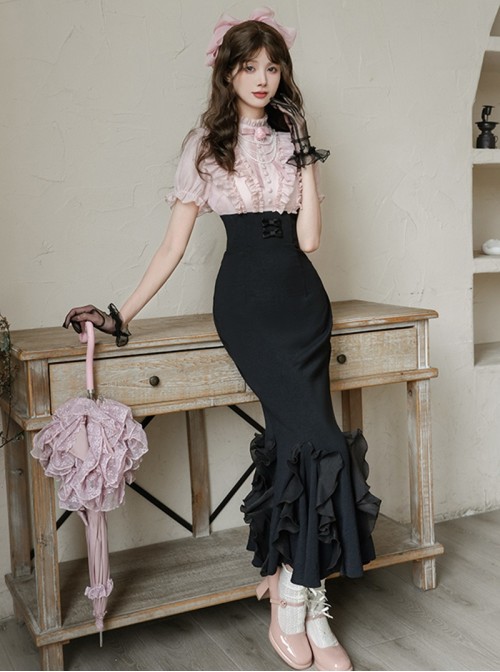 Miss Lola Series Sweet Lolita Elegant Black Pink Contrast Bubble Sleeve Long Mermaid Dress