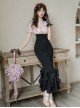 Miss Lola Series Sweet Lolita Elegant Black Pink Contrast Bubble Sleeve Long Mermaid Dress
