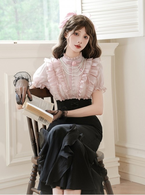 Miss Lola Series Sweet Lolita Elegant Black Pink Contrast Bubble Sleeve Long Mermaid Dress