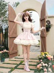 Love Diary Series Sweet Lolita Cute Pink Suspender Skirt Lace Chiffon Short Sleeve Shirt Camisole Set