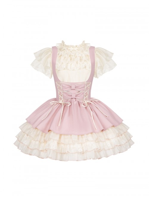 Love Diary Series Sweet Lolita Cute Pink Suspender Skirt Lace Chiffon Short Sleeve Shirt Camisole Set