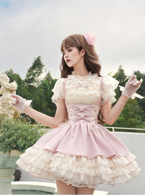 Love Diary Series Sweet Lolita Cute Pink Suspender Skirt Lace Chiffon Short Sleeve Shirt Camisole Set