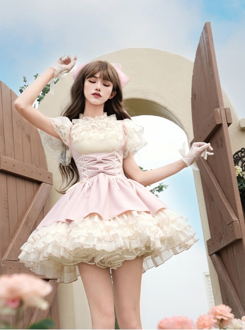 Love Diary Series Sweet Lolita Cute Pink Suspender Skirt Lace Chiffon Short Sleeve Shirt Camisole Set