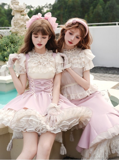 Love Diary Series Sweet Lolita Cute Pink Suspender Skirt Lace Chiffon Short Sleeve Shirt Camisole Set