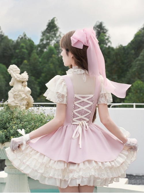 Love Diary Series Sweet Lolita Cute Pink Suspender Skirt Lace Chiffon Short Sleeve Shirt Camisole Set