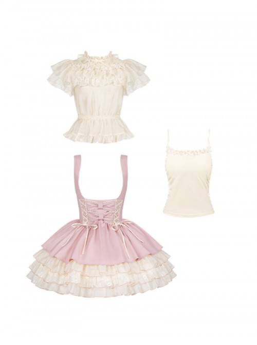 Love Diary Series Sweet Lolita Cute Pink Suspender Skirt Lace Chiffon Short Sleeve Shirt Camisole Set