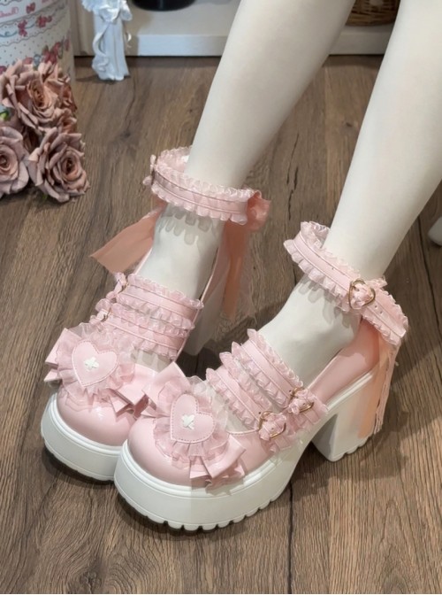 Fashion Sweet Lolita Bowknot Heart Lace Jirai Onna Cute Japanese Platform Cake Shoes