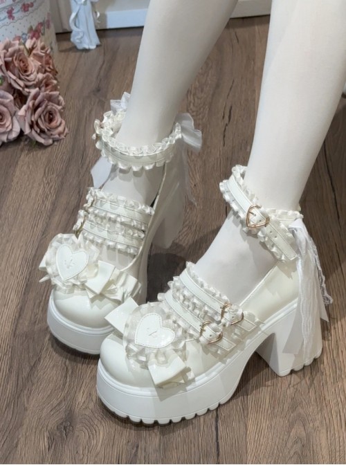 Fashion Sweet Lolita Bowknot Heart Lace Jirai Onna Cute Japanese Platform Cake Shoes