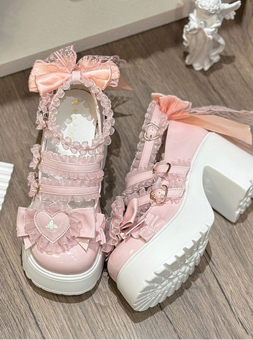 Fashion Sweet Lolita Bowknot Heart Lace Jirai Onna Cute Japanese Platform Cake Shoes