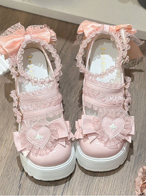 Fashion Sweet Lolita Bowknot Heart Lace Jirai Onna Cute Japanese Platform Cake Shoes