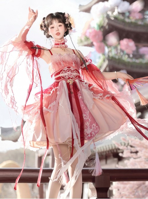 Morning Dew Series Sweet Lolita Red Chinese Style Fairy Hanfu Lotus Embroidery Pearl Waistband Tassel Sleeve Dress