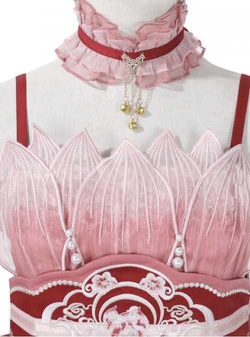 Morning Dew Series Sweet Lolita Red Chinese Style Fairy Hanfu Lotus Embroidery Pearl Waistband Tassel Sleeve Dress