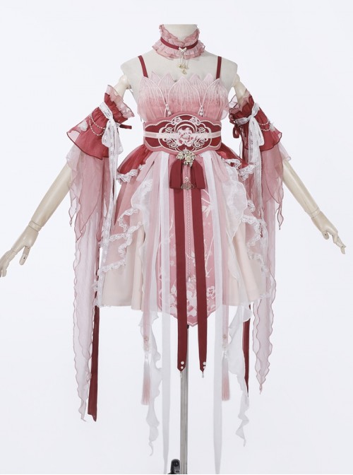 Morning Dew Series Sweet Lolita Red Chinese Style Fairy Hanfu Lotus Embroidery Pearl Waistband Tassel Sleeve Dress