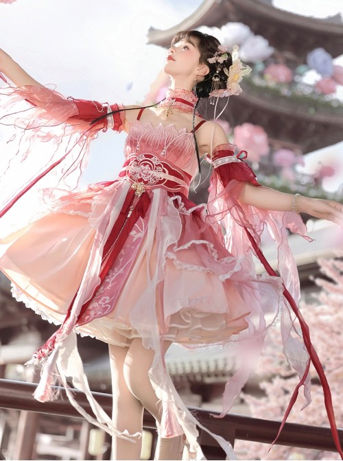 Morning Dew Series Sweet Lolita Red Chinese Style Fairy Hanfu Lotus Embroidery Pearl Waistband Tassel Sleeve Dress