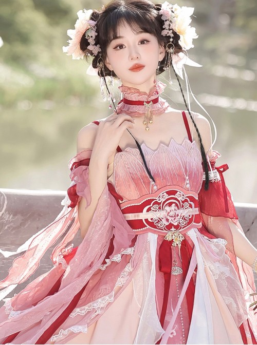 Morning Dew Series Sweet Lolita Red Chinese Style Fairy Hanfu Lotus Embroidery Pearl Waistband Tassel Sleeve Dress