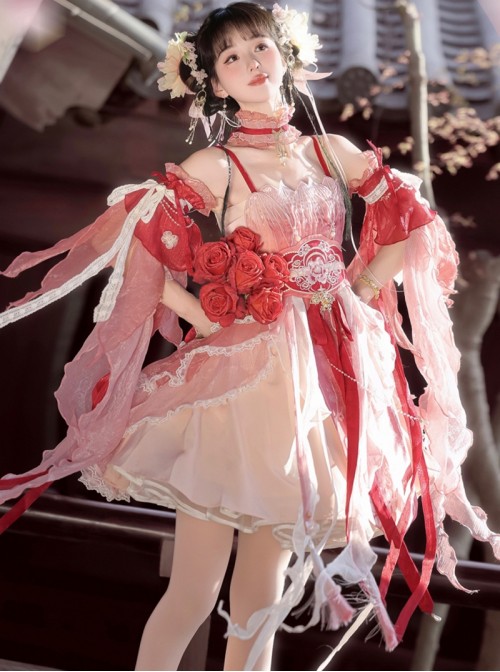 Morning Dew Series Sweet Lolita Red Chinese Style Fairy Hanfu Lotus Embroidery Pearl Waistband Tassel Sleeve Dress