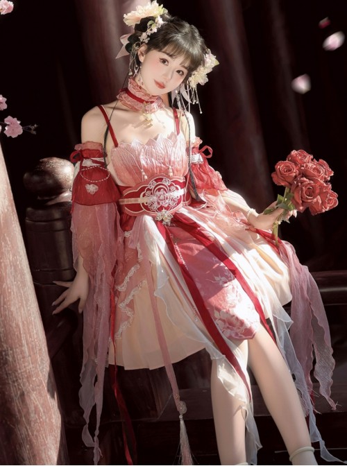 Morning Dew Series Sweet Lolita Red Chinese Style Fairy Hanfu Lotus Embroidery Pearl Waistband Tassel Sleeve Dress