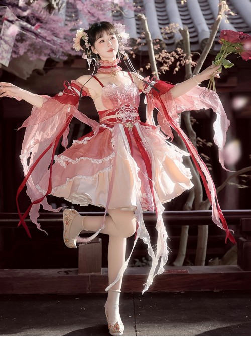 Morning Dew Series Sweet Lolita Red Chinese Style Fairy Hanfu Lotus Embroidery Pearl Waistband Tassel Sleeve Dress