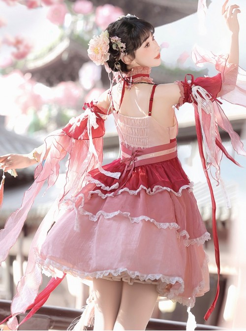 Morning Dew Series Sweet Lolita Red Chinese Style Fairy Hanfu Lotus Embroidery Pearl Waistband Tassel Sleeve Dress