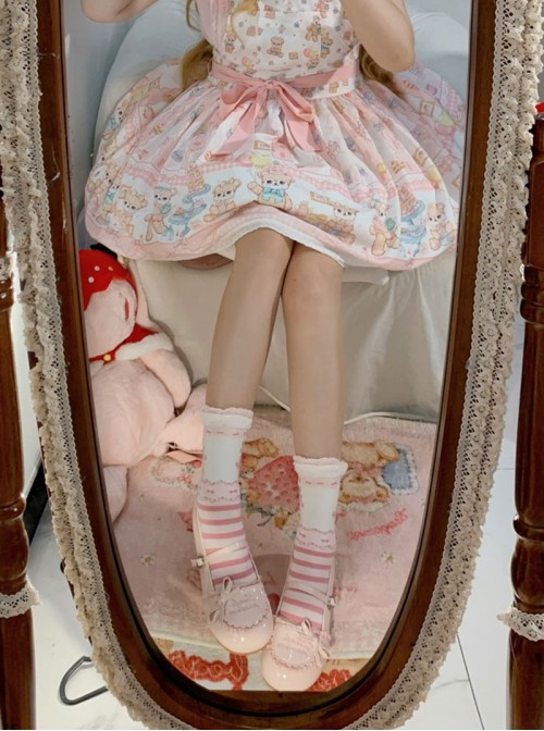 Little Berry Series Sweet Lolita Cute Small Bowknot Ruffle Letter Signature Retro Round Toe Mary Jane Shoes