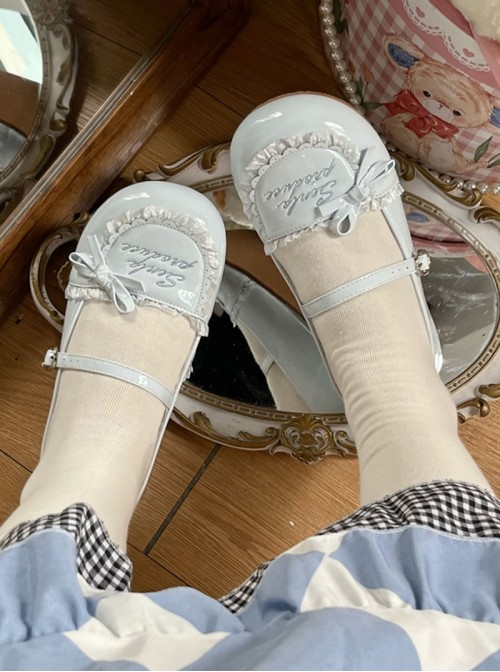 Little Berry Series Sweet Lolita Cute Small Bowknot Ruffle Letter Signature Retro Round Toe Mary Jane Shoes