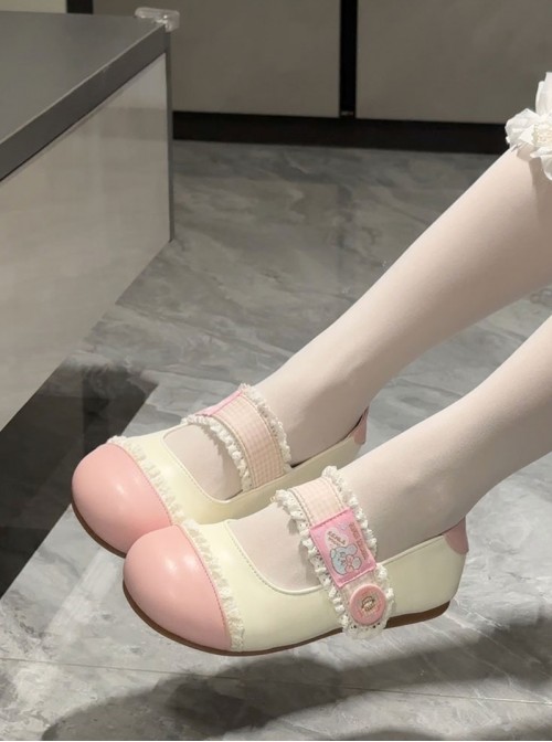 Bunny Lely Series Sweet Lolita Light Pink Plaid Patchwork Lace Cute Round Toe Retro Sports Style Mary Jane Shoes