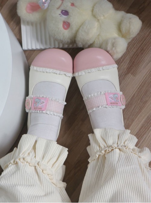 Bunny Lely Series Sweet Lolita Light Pink Plaid Patchwork Lace Cute Round Toe Retro Sports Style Mary Jane Shoes