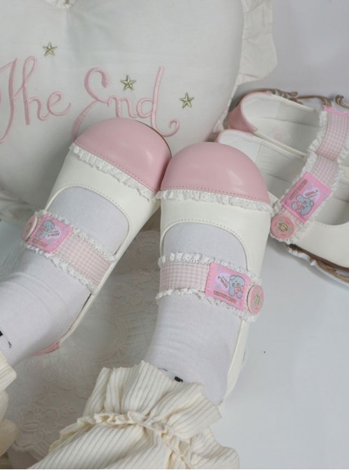 Bunny Lely Series Sweet Lolita Light Pink Plaid Patchwork Lace Cute Round Toe Retro Sports Style Mary Jane Shoes