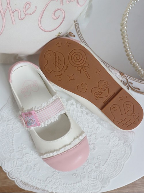 Bunny Lely Series Sweet Lolita Light Pink Plaid Patchwork Lace Cute Round Toe Retro Sports Style Mary Jane Shoes