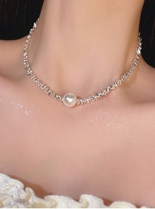 Elegant Delicate Classic Lolita Versatile Fashion Alloy Shiny Silver Pearl Necklace