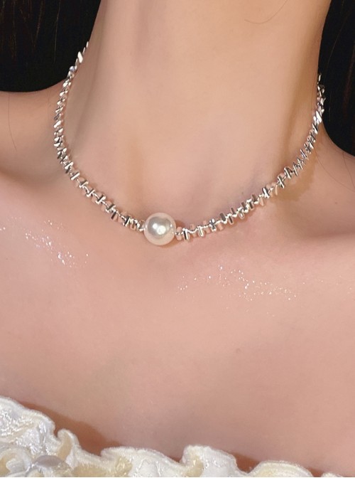 Elegant Delicate Classic Lolita Versatile Fashion Alloy Shiny Silver Pearl Necklace