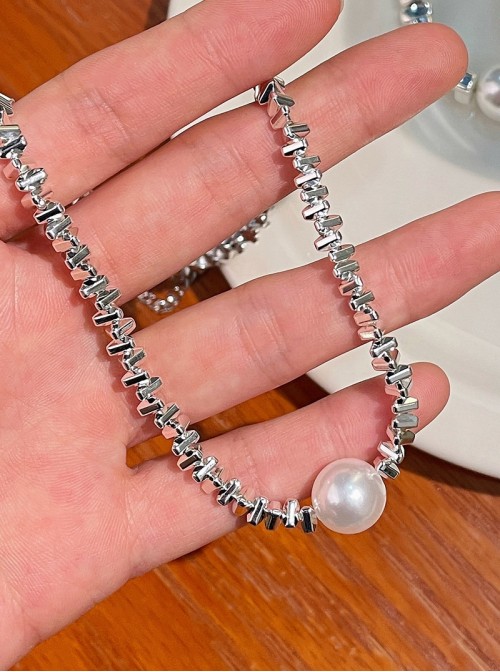 Elegant Delicate Classic Lolita Versatile Fashion Alloy Shiny Silver Pearl Necklace