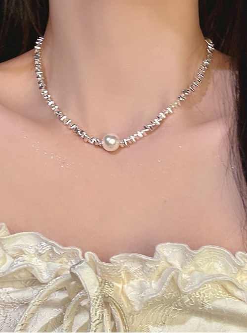 Elegant Delicate Classic Lolita Versatile Fashion Alloy Shiny Silver Pearl Necklace