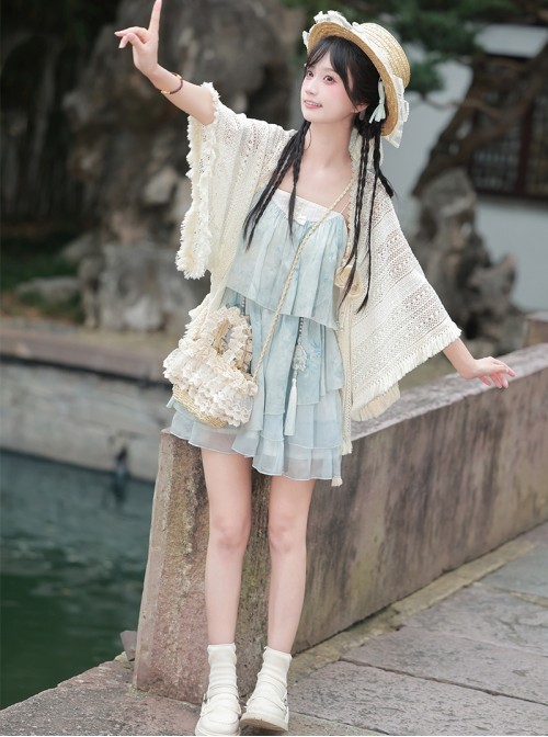Sea Salt Girl Series Kawaii Fashion New Chinese Style Improved Light Blue Camisole Short Dress Lace Cardigan Set