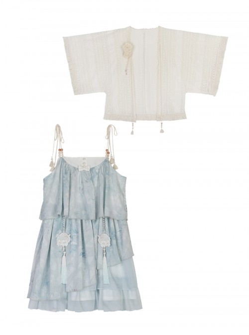 Sea Salt Girl Series Kawaii Fashion New Chinese Style Improved Light Blue Camisole Short Dress Lace Cardigan Set