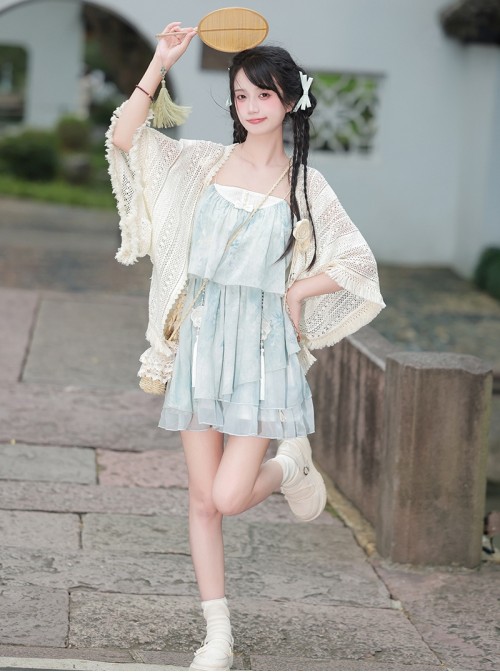 Sea Salt Girl Series Kawaii Fashion New Chinese Style Improved Light Blue Camisole Short Dress Lace Cardigan Set