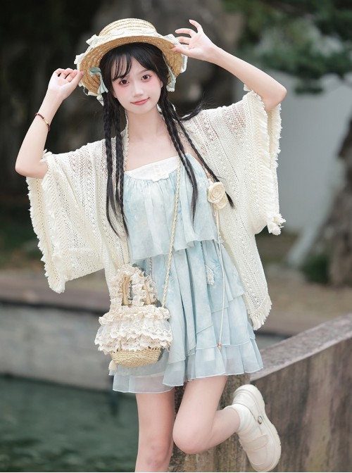 Sea Salt Girl Series Kawaii Fashion New Chinese Style Improved Light Blue Camisole Short Dress Lace Cardigan Set