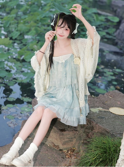 Sea Salt Girl Series Kawaii Fashion New Chinese Style Improved Light Blue Camisole Short Dress Lace Cardigan Set