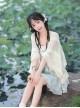 Sea Salt Girl Series Kawaii Fashion New Chinese Style Improved Light Blue Camisole Short Dress Lace Cardigan Set