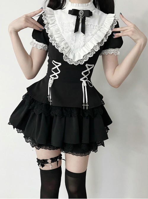 Doki Series Kawaii Fashion Japanese Jirai Onna Black Sweet Cool Cute Ruffled Collar Bubble Sleeve Dress