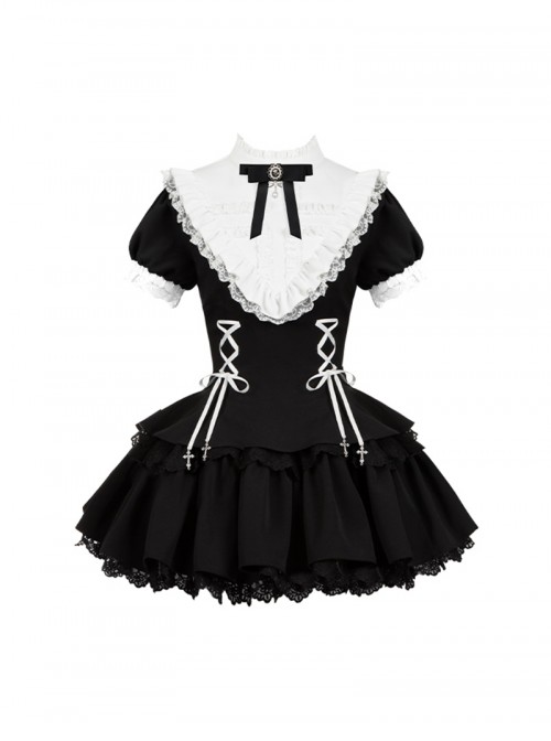 Doki Series Kawaii Fashion Japanese Jirai Onna Black Sweet Cool Cute Ruffled Collar Bubble Sleeve Dress