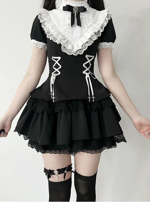 Doki Series Kawaii Fashion Japanese Jirai Onna Black Sweet Cool Cute Ruffled Collar Bubble Sleeve Dress