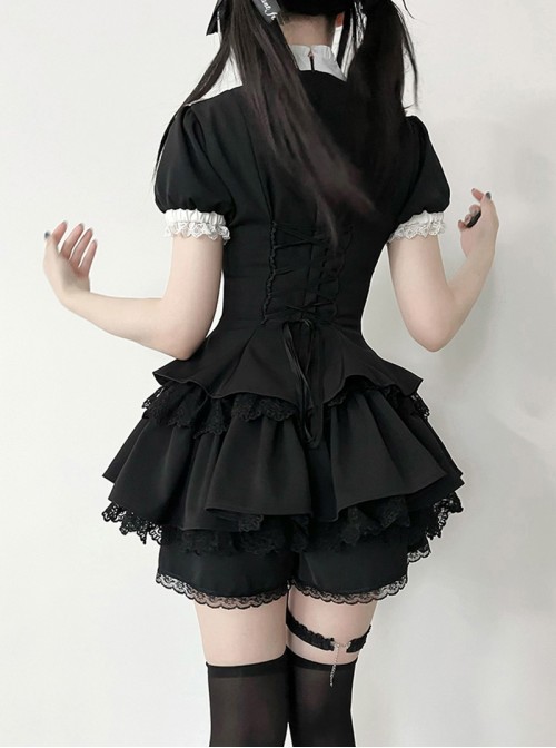 Doki Series Kawaii Fashion Japanese Jirai Onna Black Sweet Cool Cute Ruffled Collar Bubble Sleeve Dress