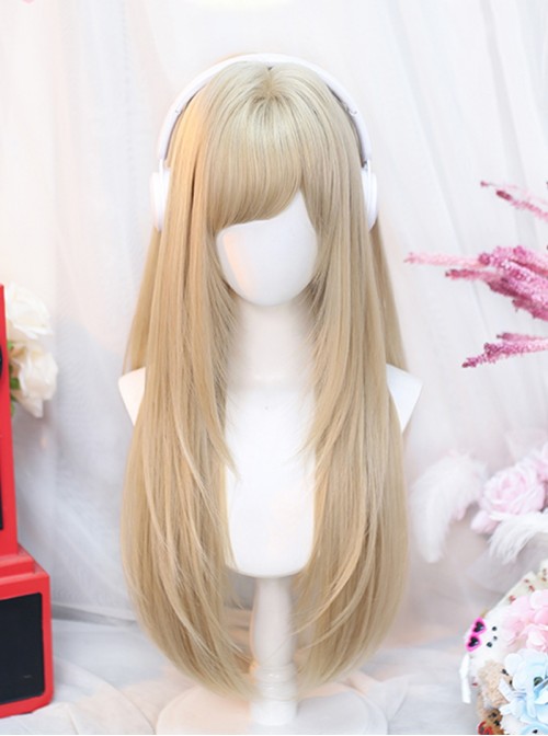 Chic Sweet Lolita Fashion Versatile Y2K Angled Bangs Layered Long Straight Hair Wig